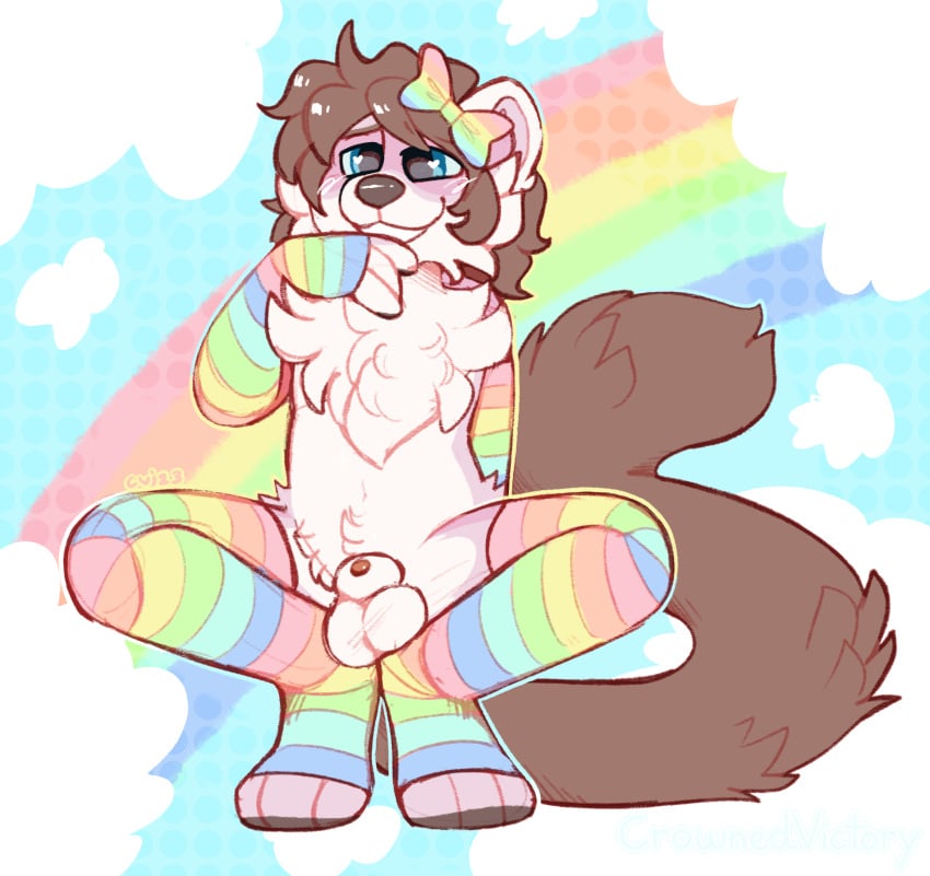 1boy 2023 absurd_res animal_genitalia animal_penis bow_(disambiguation) canid canine canine_genitalia canine_penis clothing crownedvictory genitals girly hi_res legwear male male_only mammal pastel penis presenting rainbow sheath simple_background solo stockings tagme