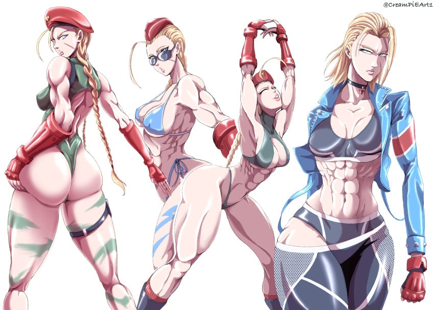 abs bikini cammy_stretch cammy_white camo_print creampieart1 fanart huge_ass jacket leotard muscular muscular_female short_hair street_fighter