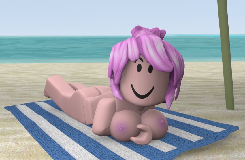 1girls 3d beach beach_towel blender breasts female female_only lavender_hair looking_at_viewer nude ocean roblox robloxian sand smile smiling smiling_at_viewer tarsto updo