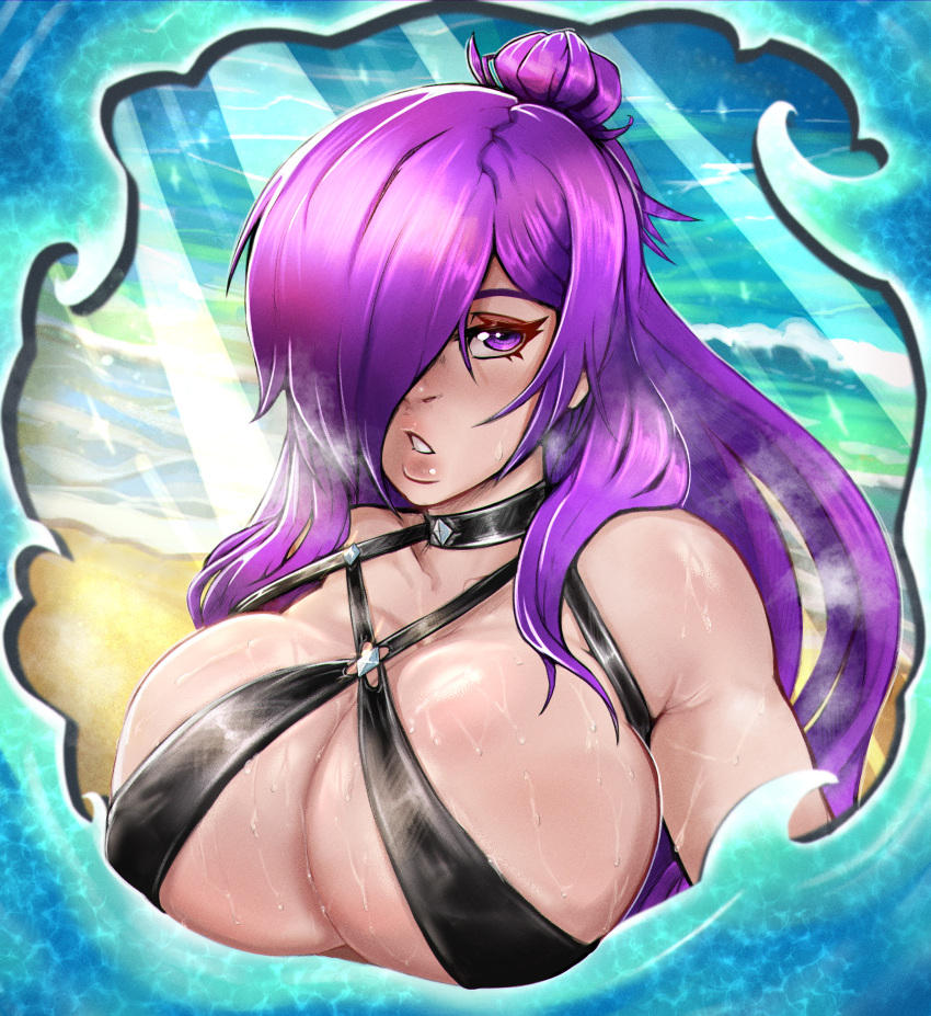 1girls alternate_costume beach bikini breasts choker cleavage covered_nipples female female_only fire_emblem fire_emblem:_three_houses fire_emblem_warriors:_three_hopes hair_over_one_eye huge_breasts long_hair nintendo purple_eyes purple_hair relius_(reliusmax) reliusmax shez_(female)_(fire_emblem) shez_(fire_emblem) solo swimsuit upper_body waves wet