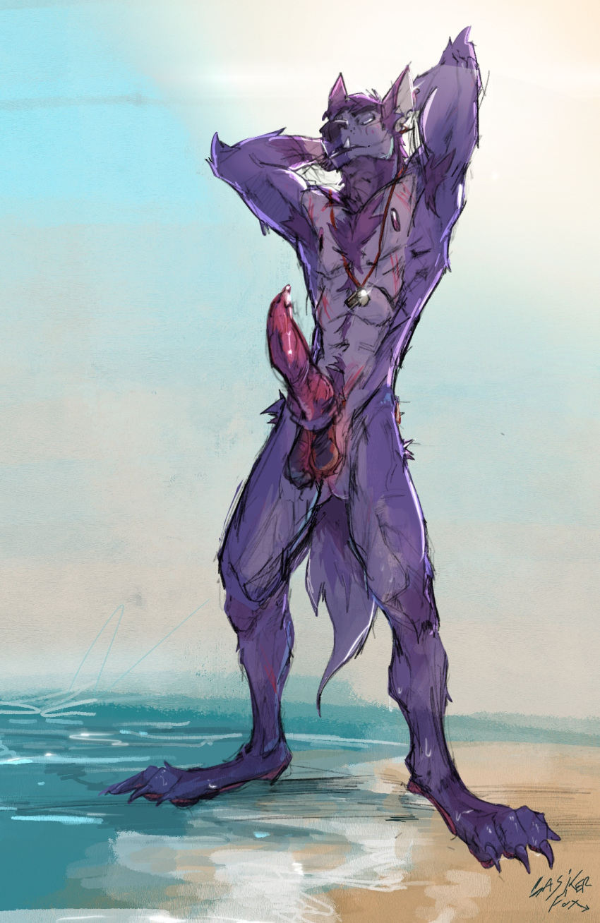 anthro atheletic beach bodily_fluids dripping genital_fluids genitals hi_res hyena lifeguard low-angle_view male male_only mammal muscular nude penis precum precum_drip seaside solo summer