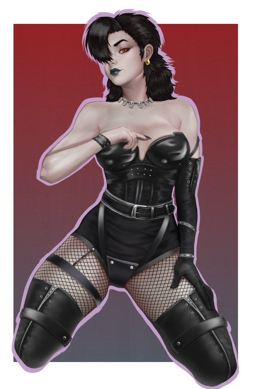 1girls black_hair black_nail_polish clothed dc dc_comics drjdfh earrings female female_only fishnets fully_clothed goth goth_girl leather leotard necklace nina_skorzeny pale_skin red_eyes scare_tactics screamqueen solo undead vampire