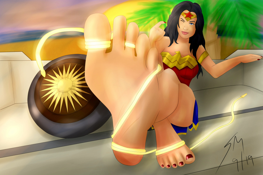 beckoning black_hair blue_eyes dc_comics diana_prince divinity-arts feet female_only foot_focus foot_tease lasso_of_truth red_nails red_toenails shield sitting smile smiling_at_viewer soles tiara toes wink wonder_woman wonder_woman_(series)