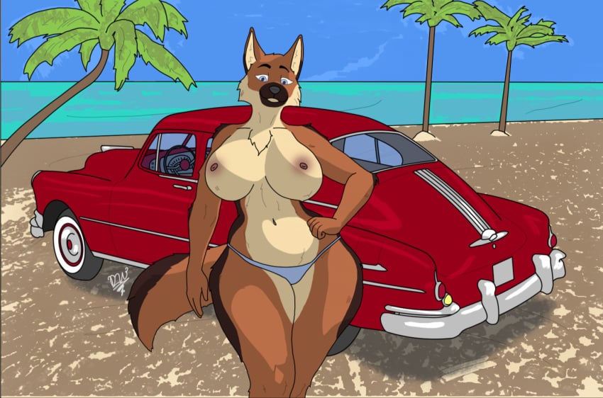 anthro beach big_breasts blue_sky breasts canid canine canis cheek_tuft chest_tuft classic_car clothed clothing colored curvy_figure delta_dewitt detailed_background digital_media_(artwork) domestic_dog facial_tuft female fur german_shepherd herding_dog inner_ear_fluff looking_at_viewer mammal navel nipples palm_tree pastoral_dog plant pontiac portrait sand seaside sky solo thick_thighs three-quarter_portrait topless tree tuft vehicle voluptuous water wide_hips