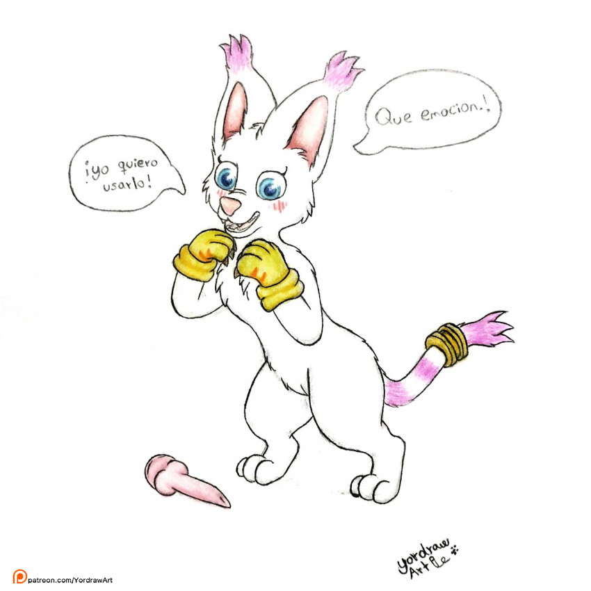 anthro bandai_namco cute_expression cute_eyes digimon digimon_(species) dildo felid feline female gatomon genitals hi_res mammal patreon patreon_logo patreon_username pussy sex_toy shy smile solo speech_bubble tailmon text url yordraw