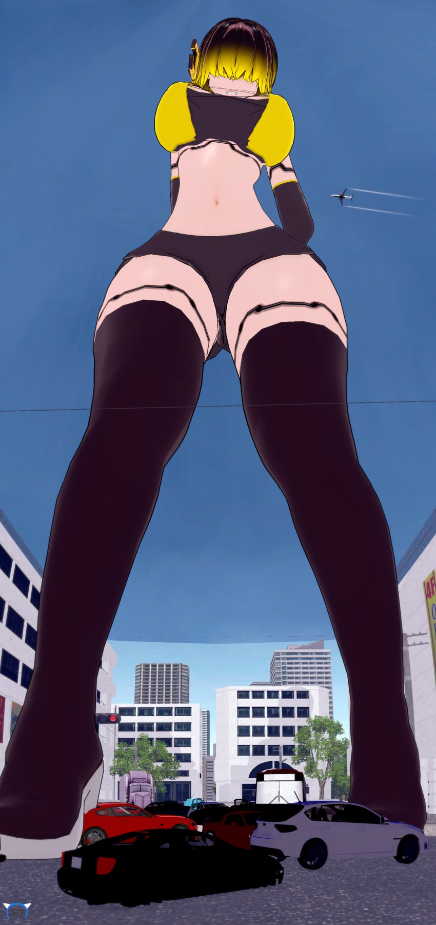 android car dark_hair giantess hourglass_figure koikatsu large_breasts looking_at_viewer looming midriff narrow_waist plane pov size_difference smile steele734_(artist) tagme teeth_visible thick_thighs upward_shot vehicle yellow_highlights