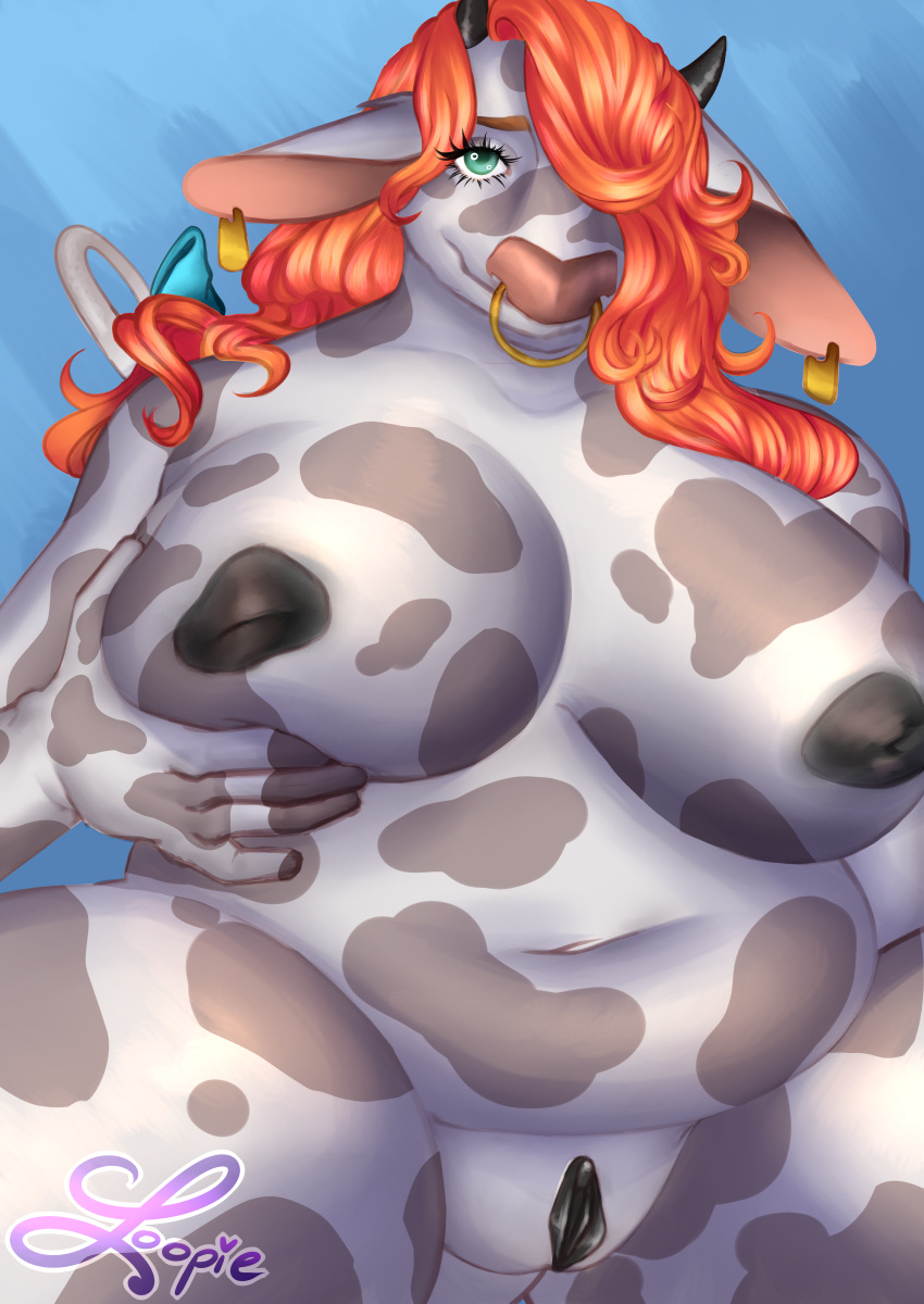 absurd_res anthro areola belly belly_squish big_breasts bovid bovine bow_(feature) breast_squish breasts cattle ear_piercing facial_piercing female genitals hair hi_res horn juneloopie lashes livestock mammal nipples nose_piercing nose_ring overweight piercing plump_labia pussy red_hair ring_piercing solo spots spotted_body spread_legs spreading squish thick_thighs