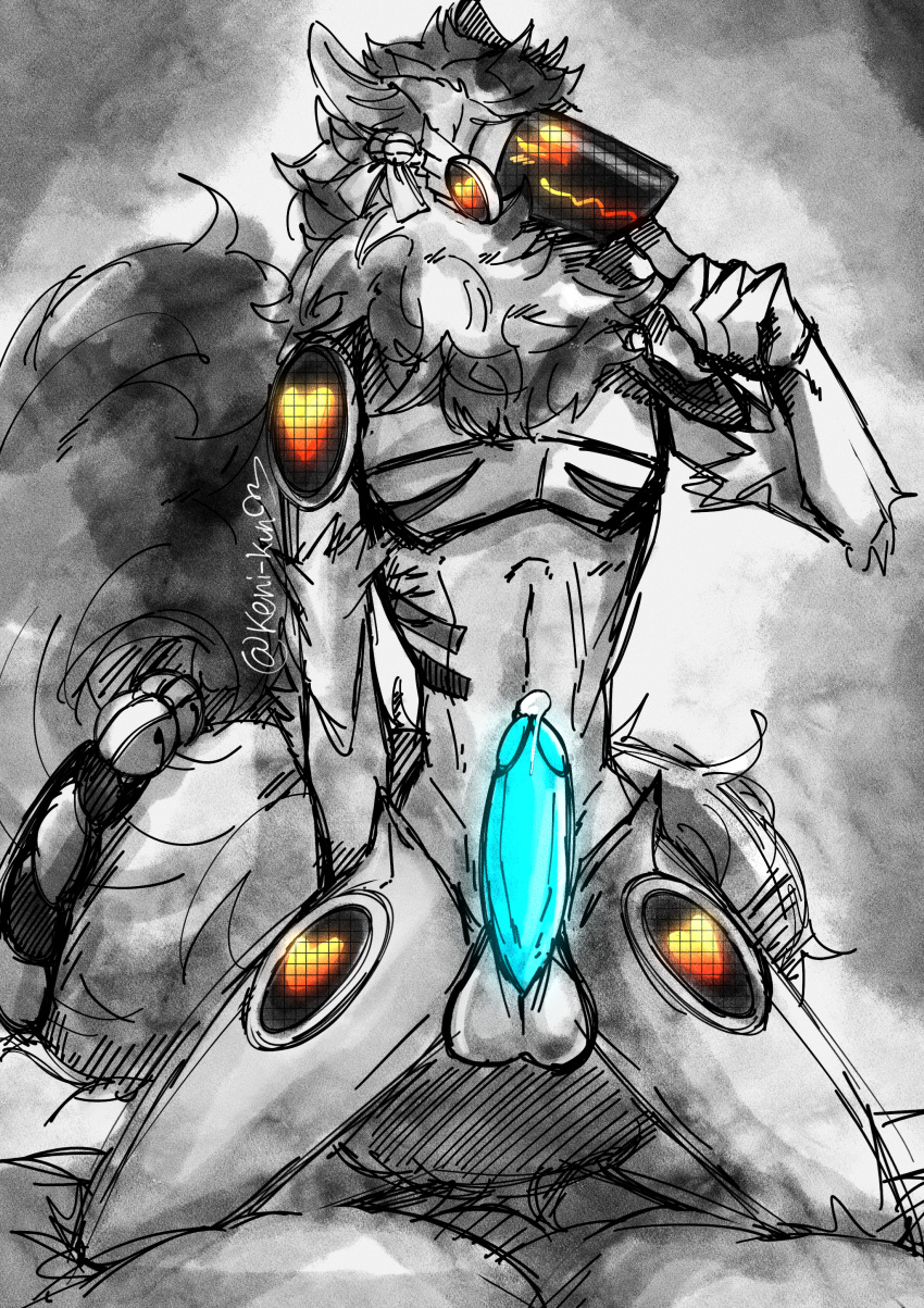 absurd_res anthro balls big_penis bodily_fluids canid canine cum cum_drip cyan_penis dripping fluffy fluffy_tail fox genital_fluids genital_focus genitals hi_res keni_kun_sama kensu-kun(oc) machine male mammal penis protogen smile solo tail