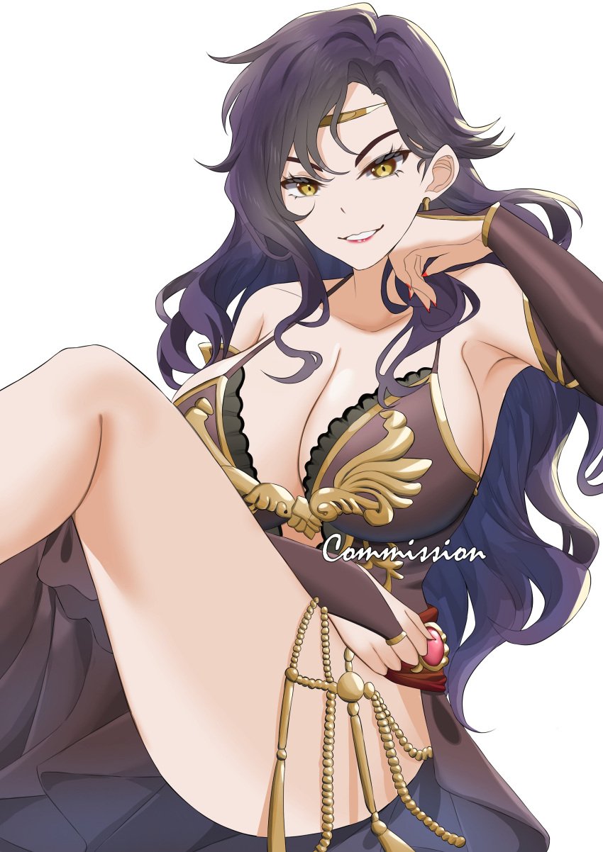 1girls absurdres armpits bare_thighs black_dress black_hair breasts bridal_gauntlets circlet cleavage commission detached_sleeves dress earrings feet_out_of_frame female female_only fire_emblem fire_emblem:_the_blazing_blade genm7 gold_trim grin halterneck head_rest highres jewelry lipstick long_hair makeup nintendo sitting smile solo sonia_(fire_emblem) teeth v-shaped_eyebrows yellow_eyes