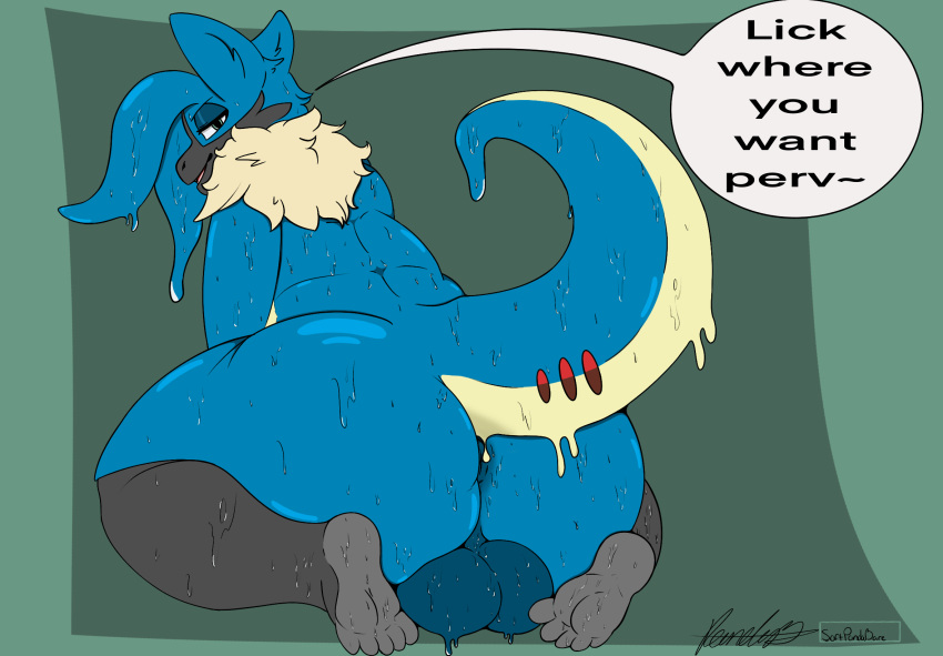 anthro ass balls bodily_fluids digital_media_(artwork) eevee english_text feet fur generation_1_pokemon generation_4_pokemon generation_6_pokemon genitals goo_(disambiguation) goo_creature goodra hi_res lucario male male_only musk nintendo nude open_mouth overweight overweight_anthro overweight_male pokemon pokemon_(species) simple_background slime smile softpandabear solo sweat text