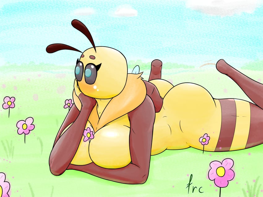 4:3 antennae anthro ass bee bee_(minecraft) bee_girl big_breasts black_sclera blue_eyes blush breasts facrec featureless_breasts flower glowing_eyes hi_res looking_away lying_on_stomach microsoft minecraft mojang neck_tuft outside self_upload signature simple_background sleeves solo spread_legs stinger stockings stripes thick_thighs wings xbox_game_studios