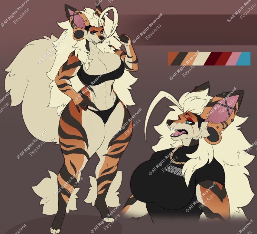 1girls 2023 2d 2d_(artwork) abs annoyed anthro anthro_only anthrofied arcanine arm_warmers big_breasts big_thighs black_bra black_clothing black_thong blonde_hair blush bouncer breasts busty canid canine canis chains clothed clothing ear_piercing ear_piercings earrings english english_text feyaarts fishnet fishnet_legwear fishnets fluffy_hair fluffy_tail fur furry furry_female furry_only generation_1_pokemon gold_chain hair hair_over_one_eye half-closed_eyes hand_on_hip hi_res highres hips hourglass_figure huge_breasts kar_(feyaarts) large_breasts large_thighs long_hair looking_at_viewer muscular muscular_female navel original panties piercing piercings pokémon_(species) pokemon pokemon_(species) red_eyeshadow red_hair red_nails slim_waist tail teeth text thick_thighs thighs thong toned toned_stomach tongue tongue_out toothpick vagina voluptuous wide_hips