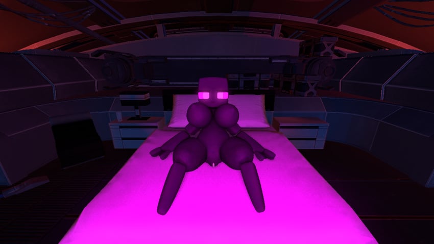 bed black_body black_hair black_nose enderman enderwoman minecraft pink_eyes pink_light pink_pussy pussy source_filmmaker thick_thighs