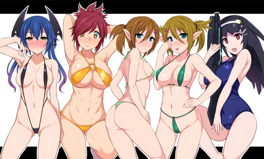 5girls :p areola_slip arms_up ass azanami_(pso2) between_breasts bikini black_bikini black_hair blank_eyes blue_hair blush breasts brown_hair cleavage contrapposto covered_erect_nipples cowboy_shot embarrassed full-face_blush green_bikini green_eyes gun hair_between_eyes hair_ornament hair_over_one_eye hairclip hand_on_own_hip headgear hidebou large_breasts leg_up lineup lisa_(pso2) looking_at_viewer looking_back multicolored_hair multiple_girls navel o-ring o-ring_bikini one-piece_swimsuit patty_(pso2) phantasy_star phantasy_star_online_2 pointy_ears pubic_hair quna_(pso2) red_eyes red_hair rifle school_swimsuit shiny_skin short_twintails sideboob slingshot_swimsuit smile standing string_bikini sweatdrop swimsuit tear_(pso2) thong thong_bikini tiea tongue tongue_out twintails two-tone_hair weapon yellow_bikini yellow_eyes