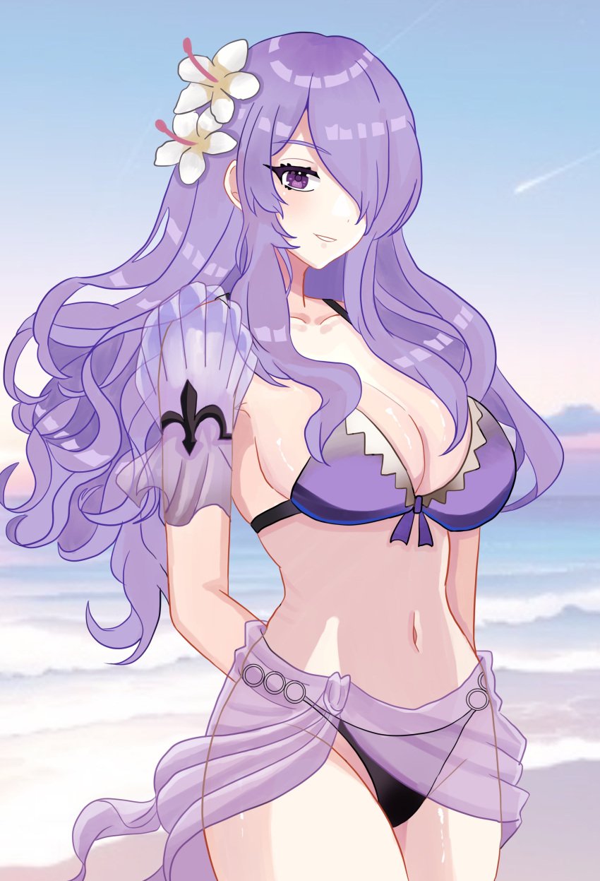 1girls absurdres alternate_costume arms_behind_back bikini breasts camilla_(fire_emblem) collarbone female female_only fire_emblem fire_emblem_fates fire_emblem_heroes flower hair_flower hair_ornament hair_over_one_eye highres large_breasts long_hair looking_at_viewer n_54 navel official_alternate_costume purple_bikini purple_eyes purple_hair purple_swimsuit sarong see-through see-through_sarong smile solo swimsuit wavy_hair