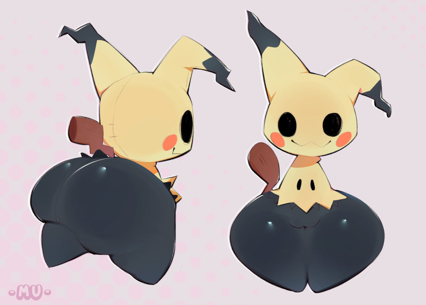 anthro ass big_butt black_body clothing costume duo female generation_7_pokemon genitals hi_res huge_butt huge_hips huge_thighs looking_at_viewer mimikyu mu111777 nintendo pokemon pokemon_(species) pussy thick_thighs wide_hips