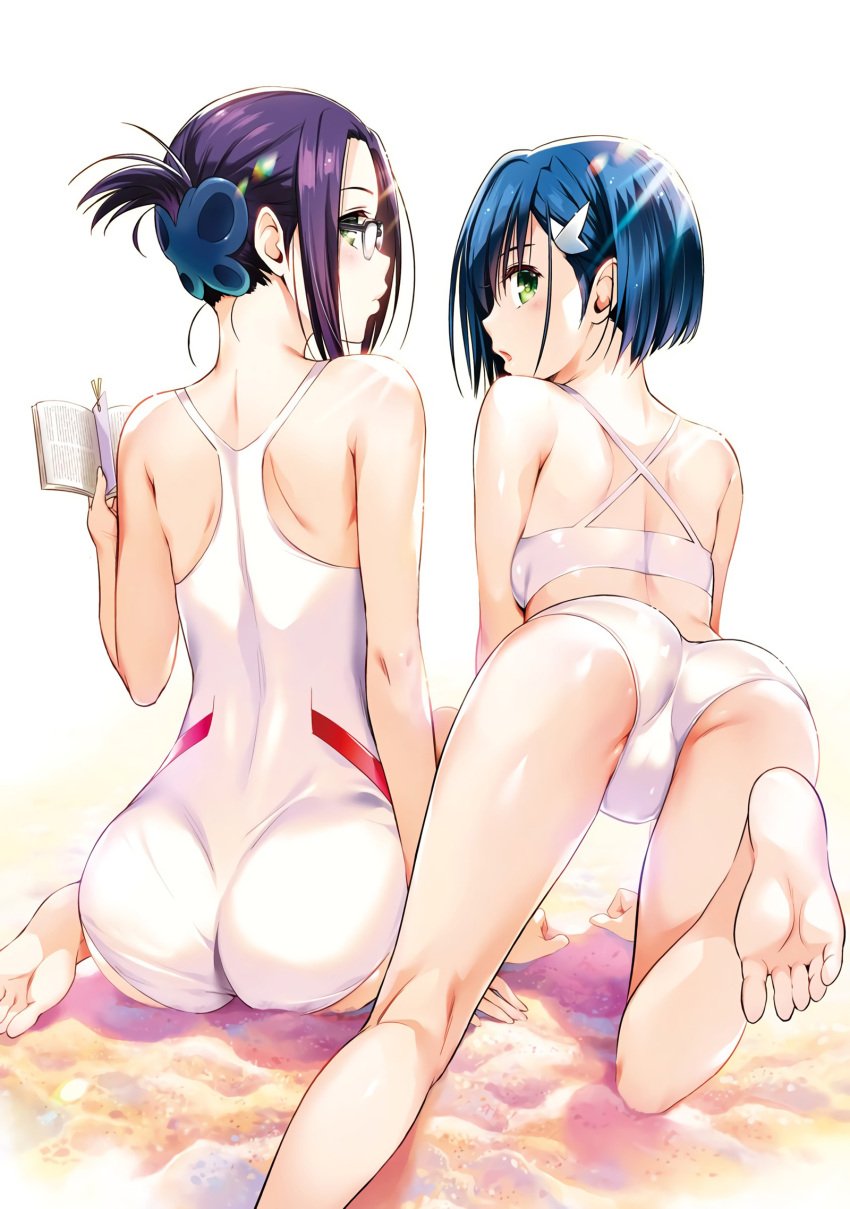 2girls ass beach bikini blue_hair blush book closed_mouth crawling darling_in_the_franxx female female_only glasses green_eyes ichigo_(darling_in_the_franxx) ikuno_(darling_in_the_franxx) large_breasts leotard lips looking_at_viewer looking_back neck open_book open_mouth purple_hair pussy short_hair sitting swimsuit uncensored yabuki_kentarou yuri