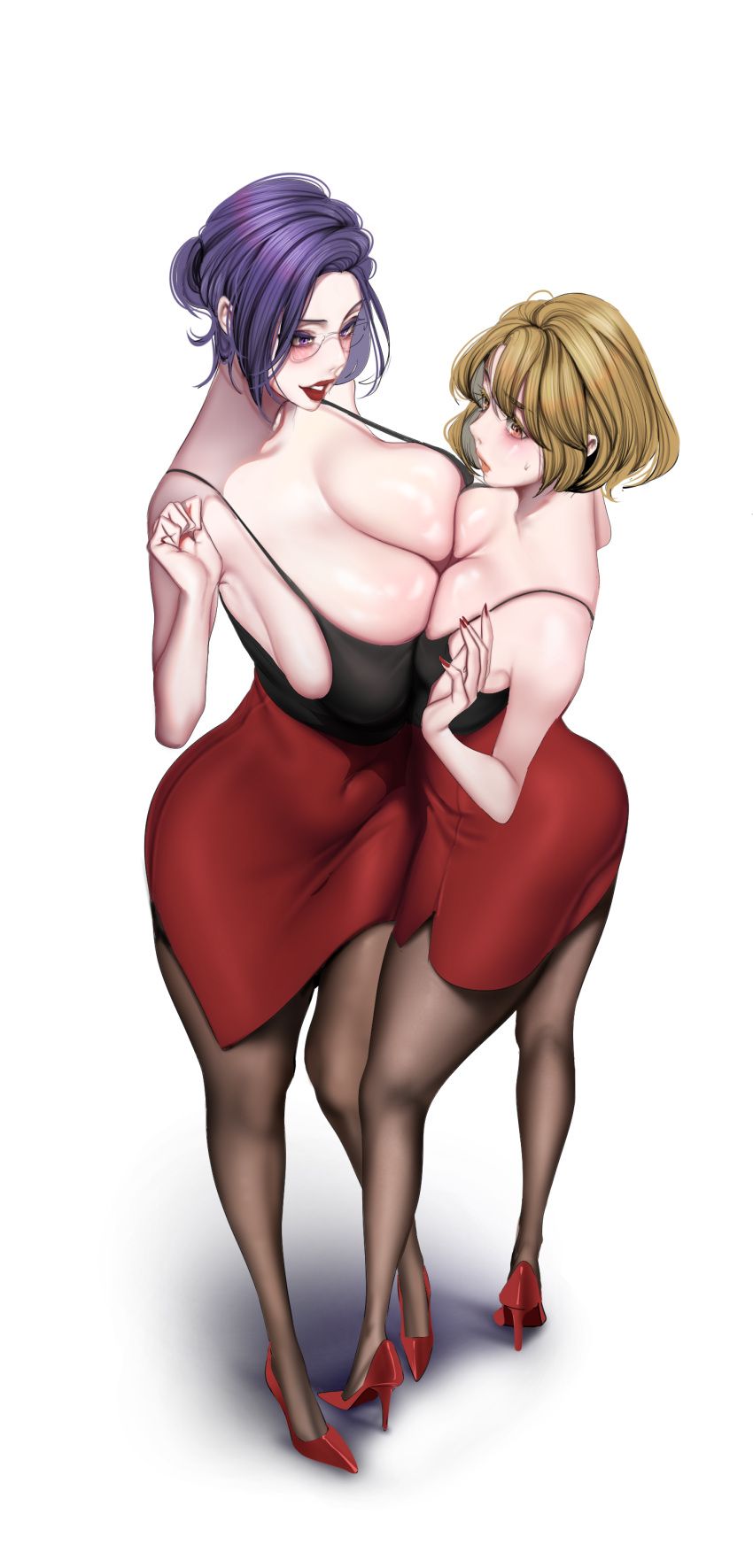 2girls ass asymmetrical_docking big_breasts blonde_hair brave_new_world breasts cleavage closed_eyes female female_only huge_breasts jealous kim_mi-jung large_breasts milf na_so-ri purple_hair short_hair yoongonji