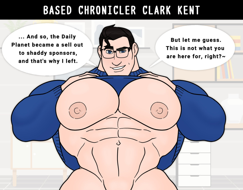 1boy abs bara big_chest big_nipples big_pecs black_hair blue_eyes clark_kent dc dc_comics gay glasses huge_chest huge_pecs lifting_sweater male_only mostly_nude muscular muscular_male nandarazzi pecs presenting_pecs solo_male superman_(series)