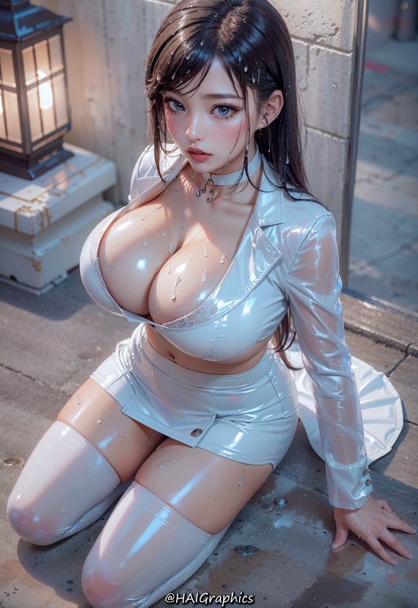 ai_generated breasts cleavage cleavage_cutout curvaceous curvy_body curvy_female curvy_figure full_body haigraphics heels hi_res highres latex_clothing shiny_clothes shiny_skin stable_diffusion stockings wet_body wet_clothes white_stockings