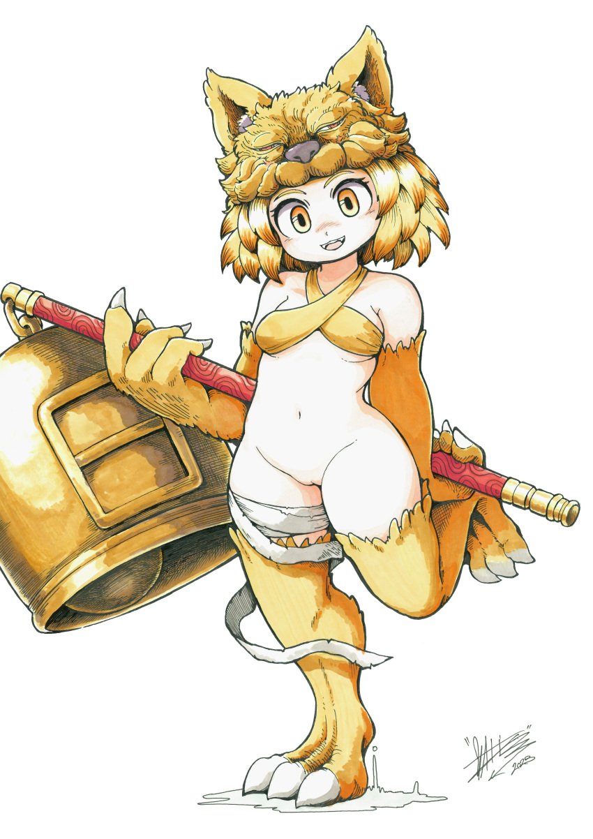 absurdres animal_feet animal_hands animal_legs bell blonde_hair bottomless bra breasts commentary_request commission criss-cross_halter female fox_girl fox_hat full_body groin halterneck highres holding holding_staff looking_at_viewer medium_breasts moonlight_flower navel open_mouth oratnir pussy ragnarok_online scan second-party_source short_hair signature simple_background smile solo staff standing standing_on_one_leg traditional_media uncensored underwear yellow_bra yellow_eyes yellow_fur