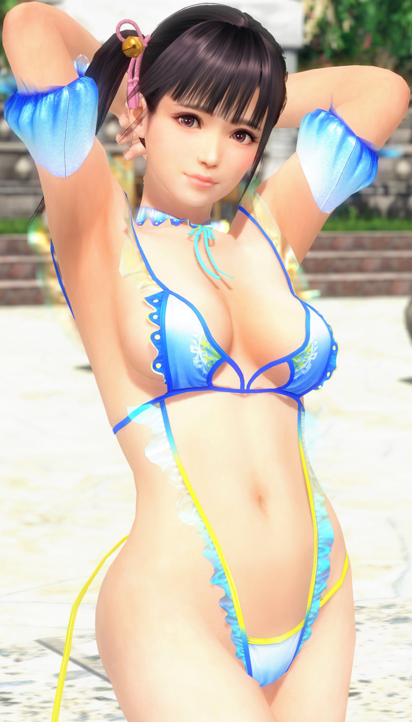 1girls 3d armpits arms_behind_head beach big_breasts black_hair dead_or_alive dead_or_alive_xtreme_venus_vacation female female_only koharu_(doa) looking_at_viewer pose posing purple_eyes sensual sexy_armpits short_hair smile solo solo_female standing