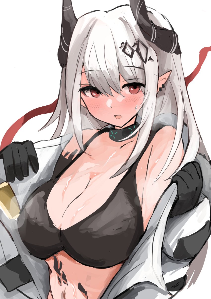 1girls 2023 arknights blush bra breasts choker female female_only gloves hi_res horns large_breasts light-skinned_female light_skin long_hair looking_at_viewer mudrock_(arknights) pointy_ears red_eyes solo standing sunaneko_oekaki sweat upper_body white_hair