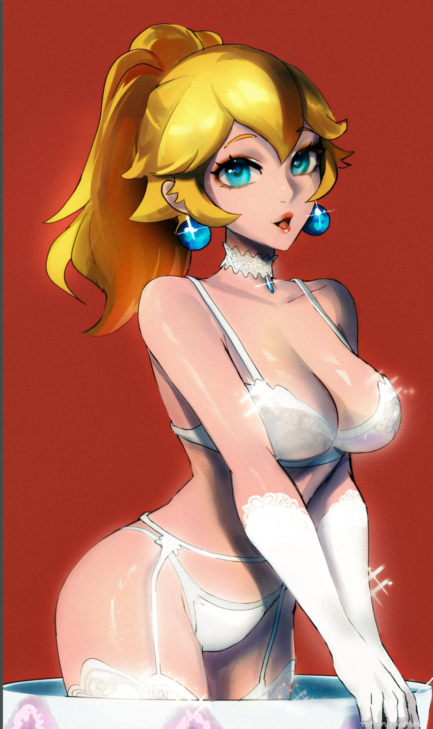 blonde_hair breasts female female_only lingerie mario_(series) nintendo open_mouth princess_peach solo tommietomm tommy_(kingdukeee)