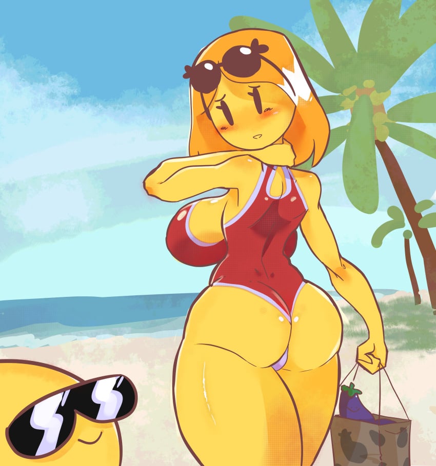 1boy 1girls back_view bag beach big_breasts bikini blush blushing eggplant emoji emoji_(race) eyewear_on_head non_navi palm_tree palm_trees paper_bag red_bikini sea sunglasses sunglasses_on_head tagme taller_girl tanline thick_thighs yellow_body