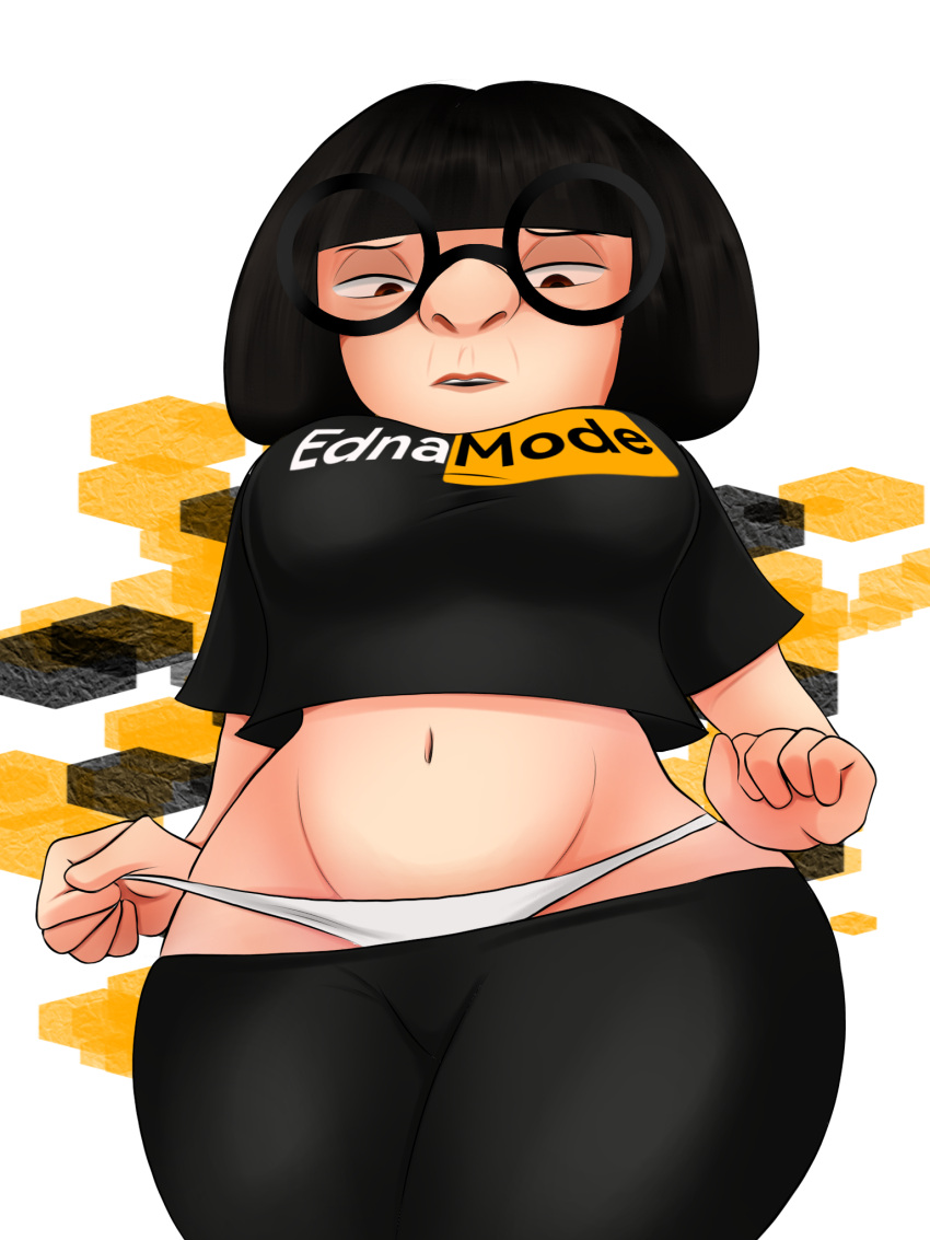 black_pants bob_cut disney edna_mode gilf pants_down pixar pornhub ravenatdark round_glasses shirt shortstack smooth_skin the_incredibles thick_thighs white_panties