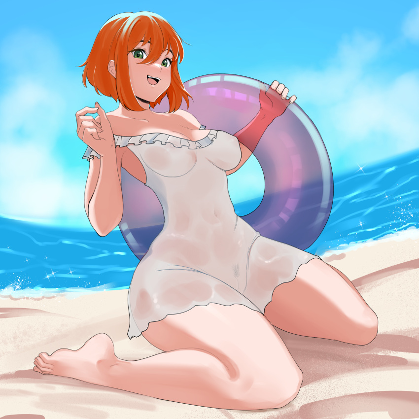 1girls a_house_in_the_rift beach caitlin female female_only inflatable_ring lingerie lingerie_only original original_art original_artwork original_character original_characters red_hair rubber_ring sand sea solo swimming_ring