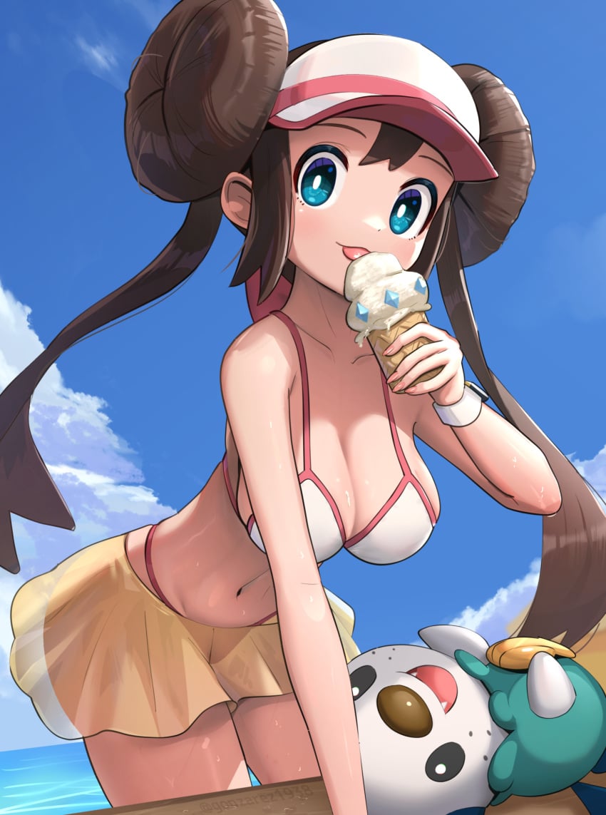 2023 beach bent_over big_breasts bikini blue_eyes breasts brown_hair casteliacone cleavage female female_only game_freak gonzarez holding_ice_cream ice_cream licking licking_ice_cream long_brown_hair long_twintails looking_at_viewer nintendo oshawott outdoors outside pokdmon pokemon pokemon_(species) pokemon_bw2 rosa_(pokemon) skirt solo swimsuit thick_thighs twin_buns twintails visor