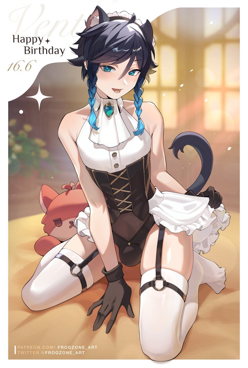 1boy animal_ears black_hair blue_eyes blue_hair blush bulge cat_ears cat_tail chastity chastity_cage crossdressing femboy frogzone frogzone_art garter_straps genshin_impact girly male male_focus male_only solo solo_focus solo_male tagme thighhighs twin_braids two_tone_hair venti_(genshin_impact)