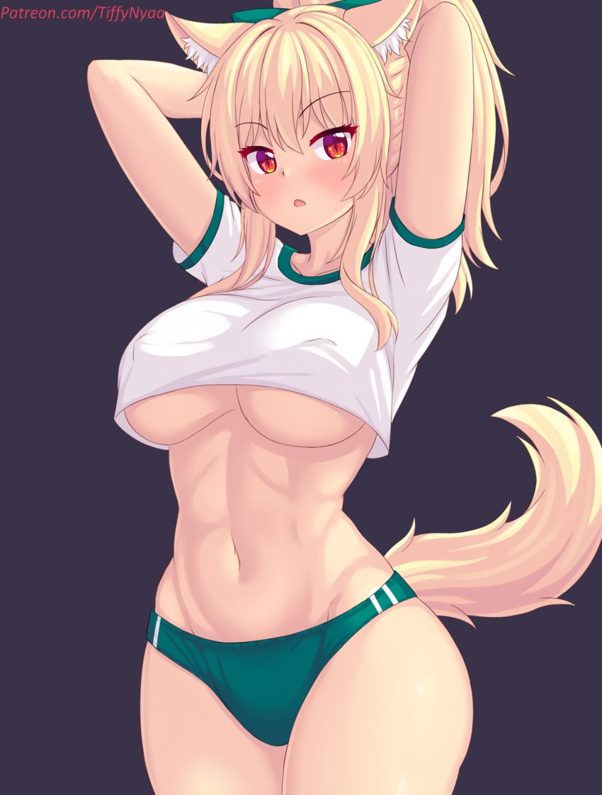 1girls abs athletic athletic_female blonde_hair bloomers breasts buruma cat_ears cat_tail catgirl female gym_uniform hi_res large_breasts long_hair looking_at_viewer muscular muscular_female solo sports_bra sportswear tail tiffy tiffynyaa underboob volleyball_uniform