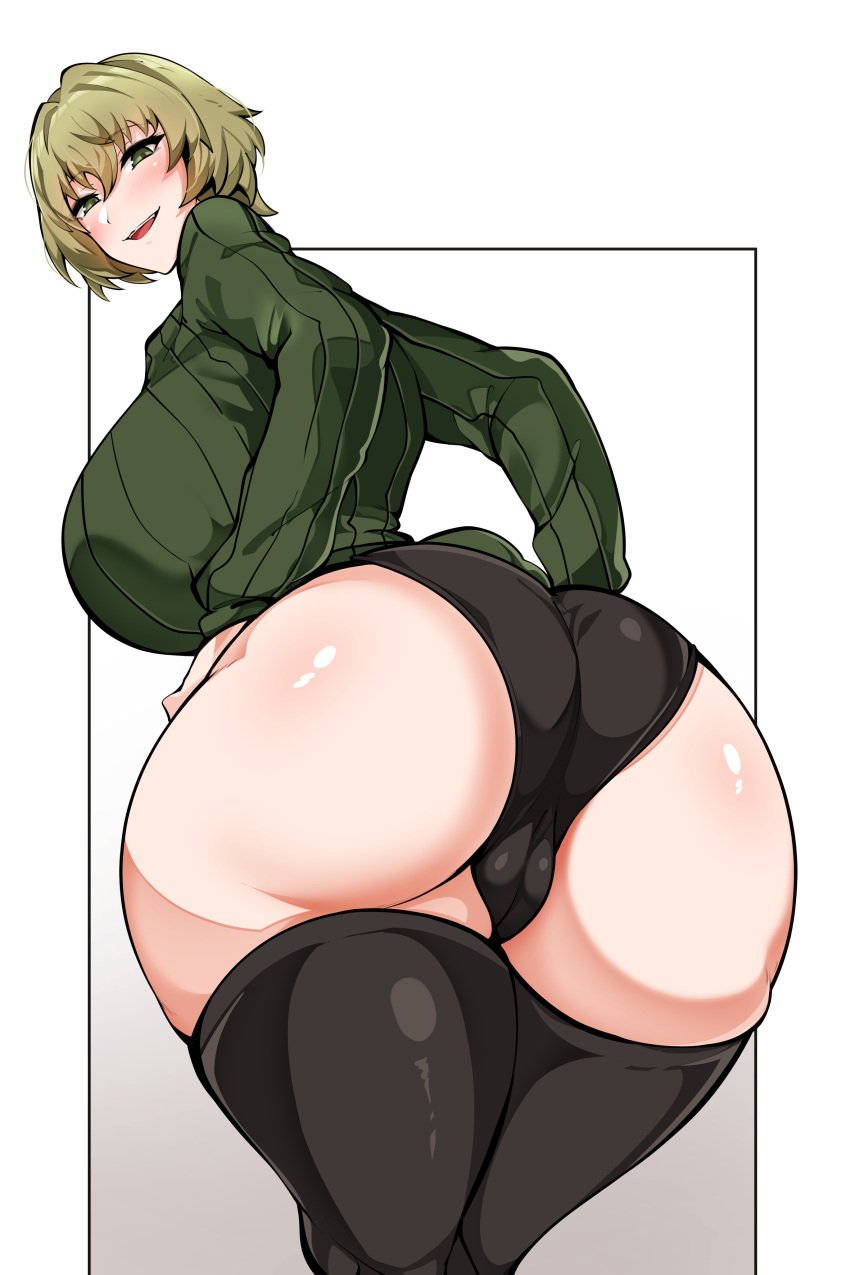 1girls akina-chan ass bent_over big_ass big_breasts black_panties blush borrowed_character buckethead_ero busty fat_ass female green_eyes green_hair huge_ass huge_breasts legs looking_at_viewer looking_back mature mature_female mature_woman naughty_face original owner_(artist) panties short_hair sideboob smile solo sweater thick_thighs thighs voluptuous