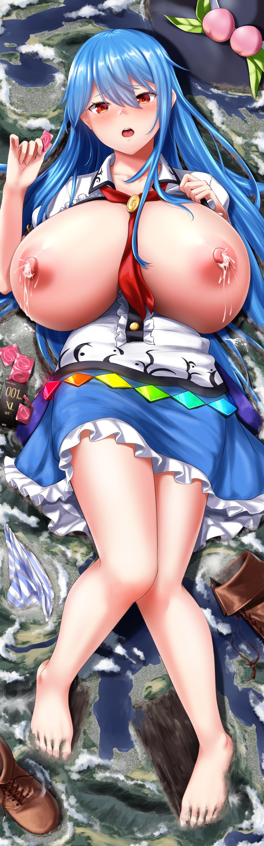 absurdres barefoot blue_hair blue_skirt blush breasts commentary_request condom condom_wrapper feet female frilled_skirt frills full_body giant giantess highres hinanawi_tenshi huge_breasts karate8284 knees_together_feet_apart lactation lake legs looking_at_viewer nipples open_mouth outdoors red_eyes shoes shoes_removed skirt solo tenshi_hinanawi toenails toes touhou