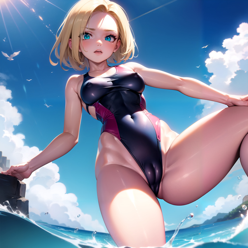 1girls 2023 ai_generated android_18 ass_visible_through_thighs blonde_hair blue_swimsuit cameltoe clouds cyan_eyes dragon_ball dragon_ball_z female female_focus female_only jumping kxy ocean one-piece_swimsuit open_mouth outside short_hair sky sunny swimsuit upscaled water