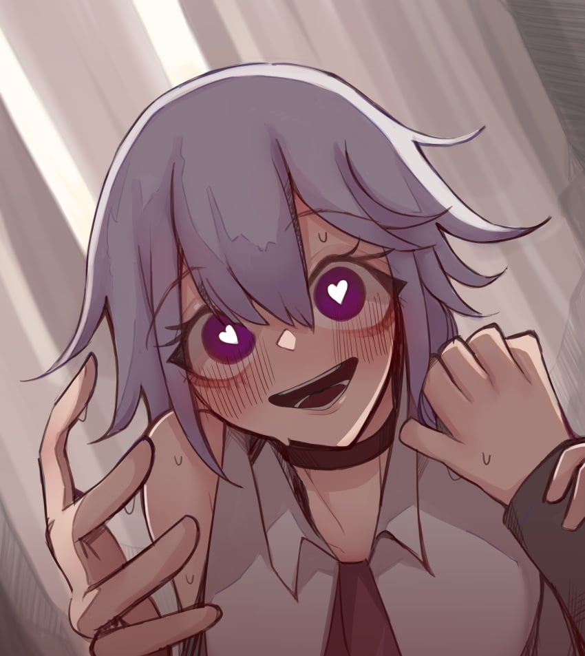 1boy absurdres black_collar blue_hair blush collar crazy crazy_smile female hair_between_eyes heart heart-shaped_pupils highres original pov pov_hands purple_eyes short_hair sleeveless symbol-shaped_pupils wifi_saga yami_kawaii yandere