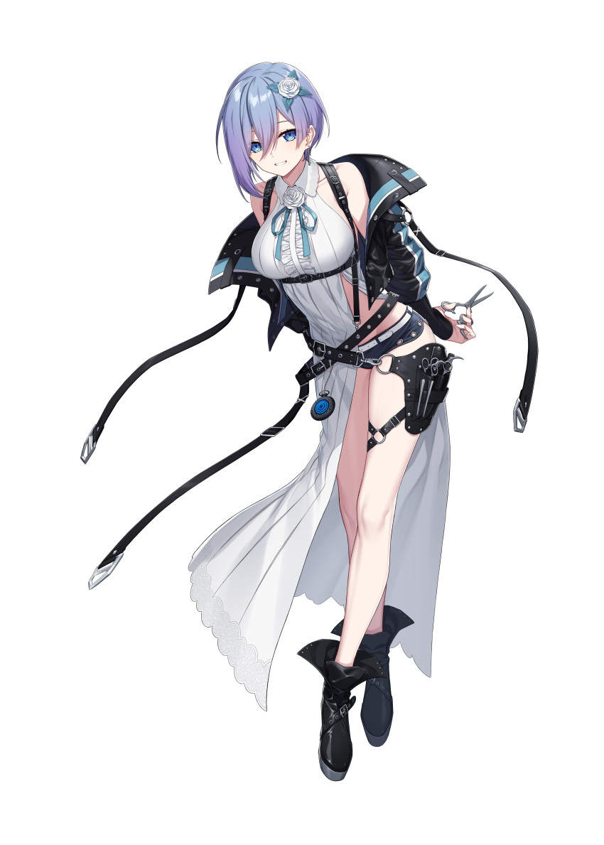 absurdres alpha_transparency asymmetrical_bangs bare_shoulders belt black_footwear blue_eyes breasts collarbone counter:side female flower hair_flower hair_ornament highres holding holding_scissors knees large_breasts levia_thanis o-ring official_art purple_hair scissors solo transparent_background