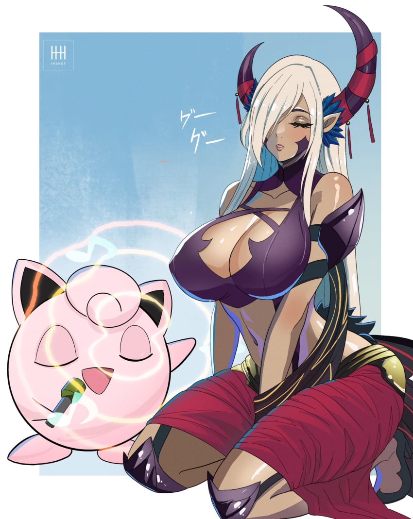 1girls bare_shoulders breasts cleavage cleavage_cutout clothing_cutout crossover dark-skinned_female dark_skin eyeshadow female fire_emblem fire_emblem_engage hair_over_one_eye highres horns huge_breasts ihsnet jigglypuff makeup microphone navel nintendo pointy_ears pokémon_(species) pokemon pokemon_(species) seiza singing sitting sleeping sound_wave watermark white_hair zephia_(fire_emblem)