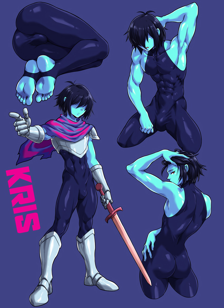 1boy 2d absurd_res ai_upscaled armpits ass ball_bulge bangs bangs_over_eyes blue_body blue_hair blue_skin bodysuit bulge color dark_blue_hair dark_hair deltarune feet hair_over_eyes hi_res ignition_crisis kris_(deltarune) male male_focus male_only muscles muscular muscular_male penis_bulge posing presenting presenting_ass presenting_bulge presenting_hindquarters presenting_penis sgt_crisis shaded solo solo_male spandex twink upscaled