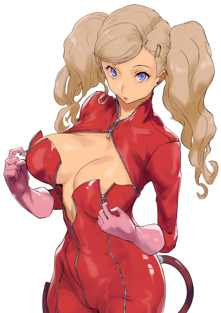 1girls ann_takamaki arad_baranga blonde_hair blue_eyes blush bodysuit cleavage clothing female female_only gloves handwear human human_only latex latex_clothing legwear light-skinned_female light_skin looking_at_viewer persona persona_5 phantom_thief_suit pink_gloves red_bodysuit solo solo_female twintails undressing unzipped unzipped_bodysuit voluptuous voluptuous_female zipper zipper_down