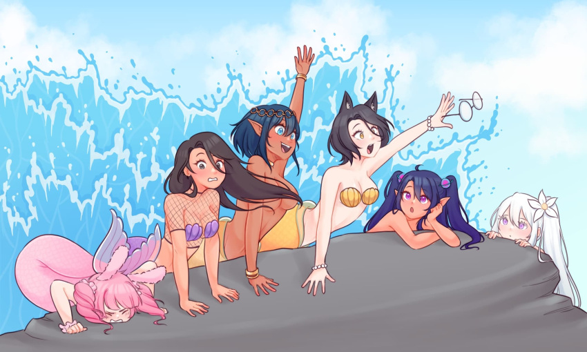 6+girls 6girls black_hair blue_eyes blue_hair blush bra bracelet bracelets brown_hair cat_ears cleavage closed_eyes cuffs fishnet_shirt fishnets flower_in_hair glasses glasses_off gold_bracelet gold_bracelets golden_bracelet golden_bracelets gray_eyes hair_ornament hairclip long_hair mermaid mermaid_girl mermaid_tail nipples_covered pearl_bracelet pearls pink_tail pointy_ears purple_eyes purple_hair seashell seashell_bikini seashell_bikini_top seashell_bra short_hair side_ponytail twintails white_hair yellow_eyes yellow_tail