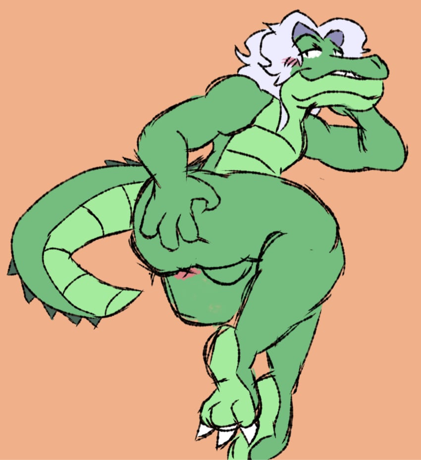 anthro anus ass balls crocodile crocodilian crocodylid genitals hair hi_res hindpaw larry_(apolonoise) long_hair male nails paws pose reptile scalie shiningnoise solo tail white_hair