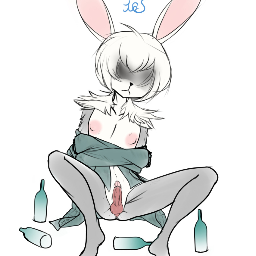 2023 :< absurd_res anthro balls bottle clothed clothing container drunk flat_chested genitals hair hi_res lagomorph leporid male mammal navel nipples obscured_eyes penis rabbit rabbit_ears renv shoulder_tuft signature simple_background solo solo_male spread_legs spreading substance_intoxication tuft white_background white_hair