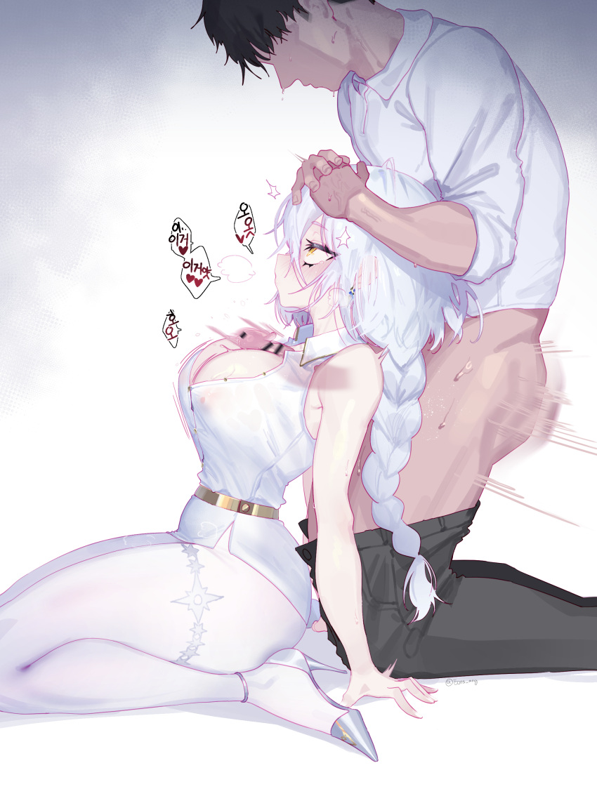 1boy absurdres bar_censor black_hair braid breasts censored dress eonsang female girls&#039;_frontline girls&#039;_frontline_neural_cloud grey_hair hair_between_eyes head_grab high_heels highres hole_in_chest hole_on_body large_breasts long_hair lord_eosphoros_(neural_cloud) pantyhose rolling_eyes shoes sitting solo_focus speech_bubble straight unusual_penetration white_dress white_footwear white_pantyhose yellow_eyes