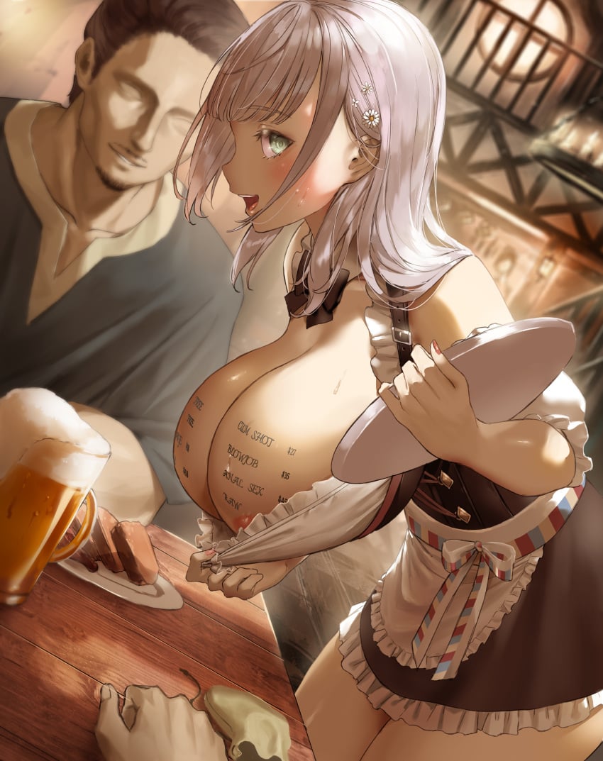 1boy 1girls beer_mug big_boobs big_breasts body_writing boobs breasts breasts_out dutch_angle faceless_male femsub food hololive hololive_fantasy hololive_japan huge_breasts kuroi_suna leaning_forward legs_together lilac_hair maledom nipples no_bra price pricelist prostitute prostitution purple_hair shirogane_noel table virtual_youtuber waitress writing_on_body writing_on_breasts writing_on_skin