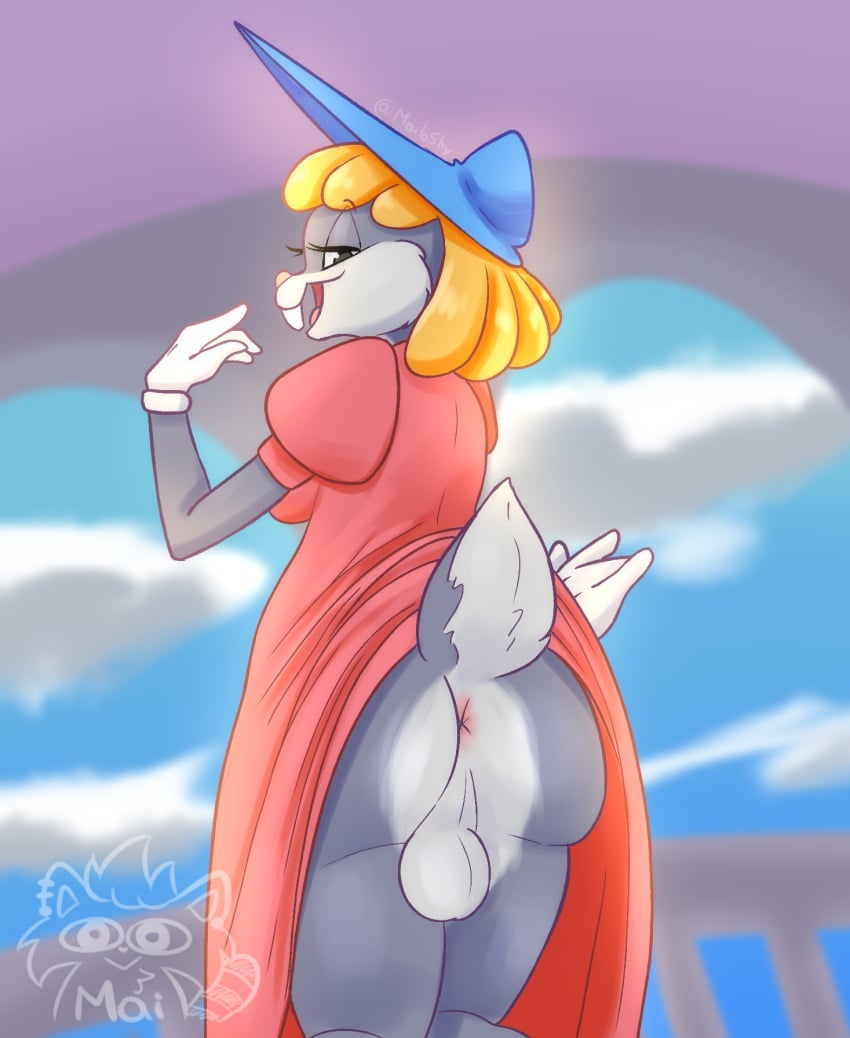 1boy anthro anus ass balls blonde_hair bugs_bunny canonical_scene cheek_tuft clothing crossdressing dress dress_up facial_tuft femboy fembugs_bunny fur genitals gloves grey_body grey_fur gynomorph hair handwear hat headgear headwear hi_res lagomorph legwear leporid looney_tunes mailoshy mammal multicolored_body offering_to_viewer pink_clothing pink_dress presenting presenting_anus presenting_balls presenting_hindquarters rabbit short_hair short_tail skirt_caught_on_dress smile smiling_at_viewer solo tail tights tuft two_tone_body warner_brothers white_body white_fur