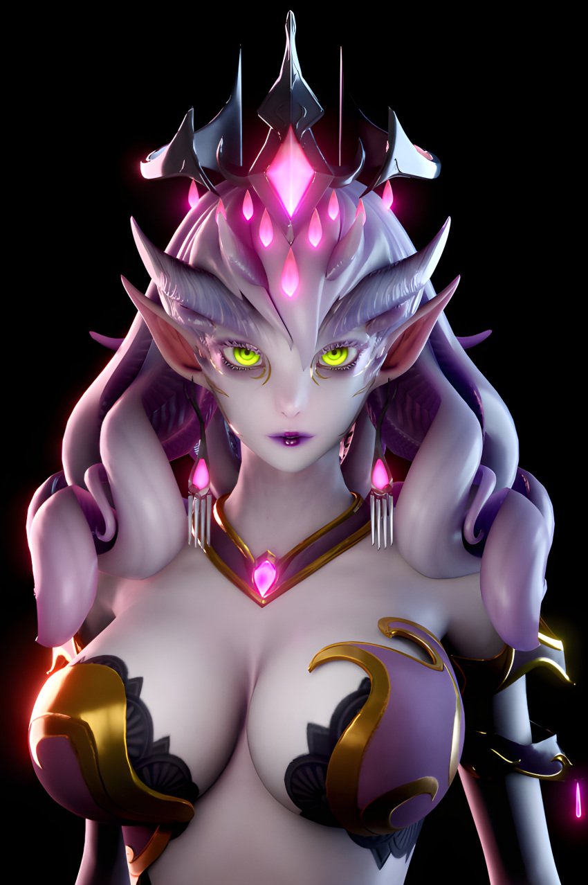 1girls 3d 3d_(artwork) alien_girl black_background breasts cleavage empress_celestina green_eyes large_breasts looking_at_viewer simple_background subverse upscaled