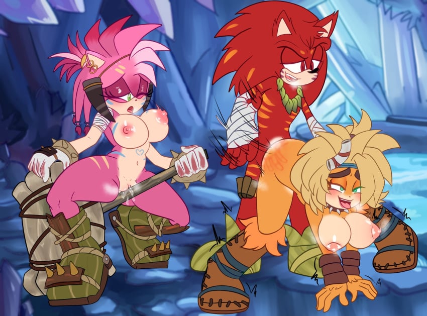 2girls 2girls1boy ahe_gao alternate_costume amy_rose anthro cave caveman cavewoman coco_bandicoot crash_(series) crossover crotch_rub demichan eastern_and_western_character exposed_torso footwear furry green_eyes grinding group group_sex handwear masturbating_while_watching masturbation oc original original_character penetration pussy_juice sonic_(series) sonic_prime thorn_rose vaginal vaginal_penetration